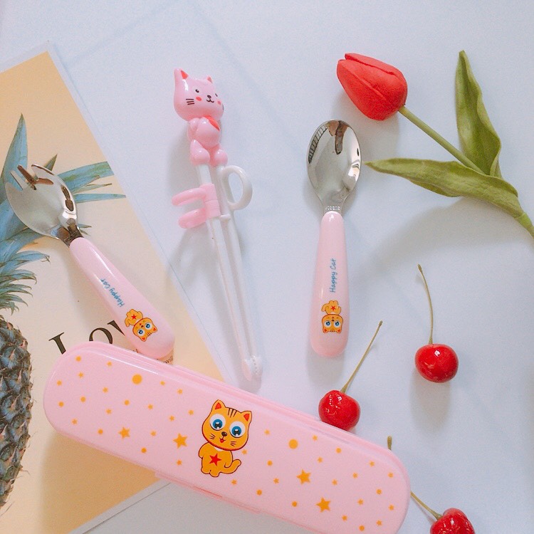 Bộ thìa dĩa đũa tập ăn inox 304 cho bé giúp bé tập xúc và tập gắp happy cat cho bé ăn dặm