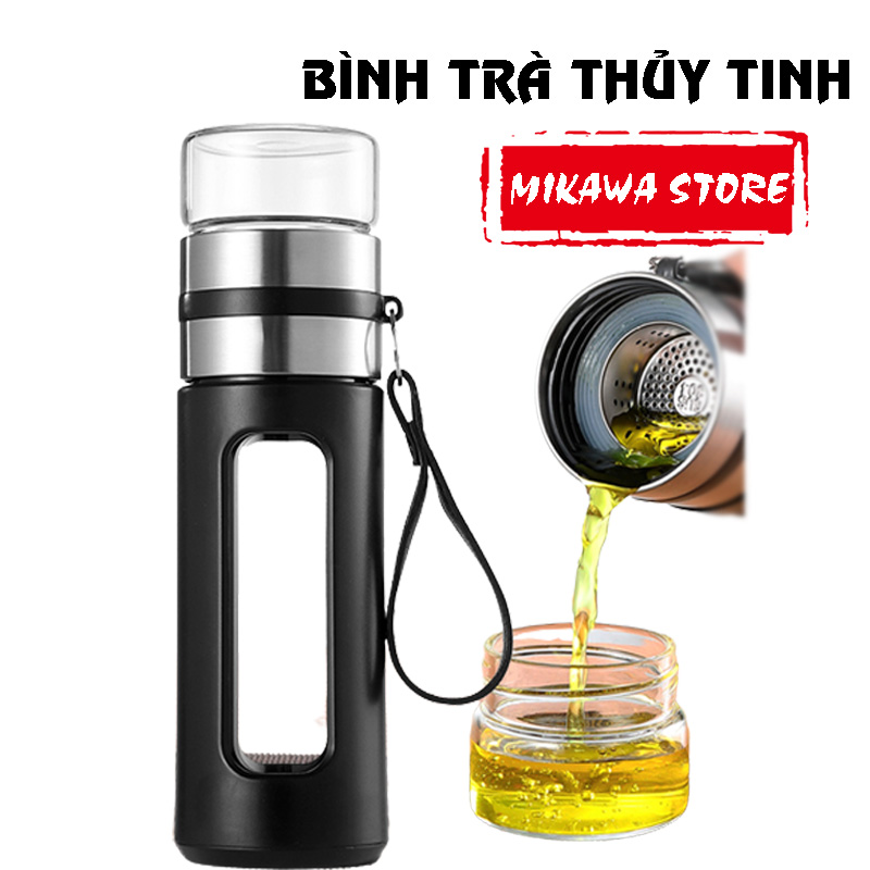 Bình pha trà, Ấm pha trà kiêm bình thủy tinh Mikawa 400ml thủy tinh chịu nhiệt có ốp chống vỡ bền đẹp