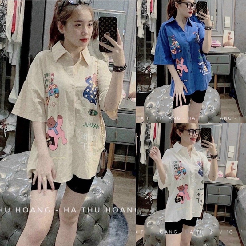 Bộ đồ nữ áo sơ mi hoạ tiết + quần legging ngố
