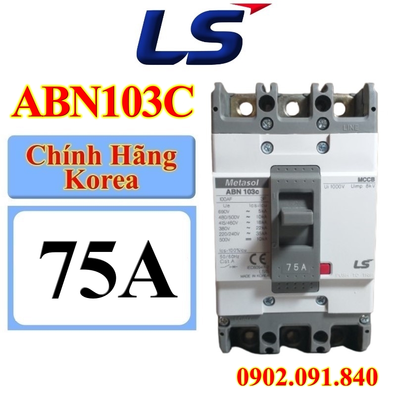 Aptomat khối 3 pha LS ABN103c 75A Hàn Quốc, Át tô mát 3p, MCCB dòng ngắt ngắn mạch 22kA Giá 921,000 Đồng*Miễn phí vận chuyển
