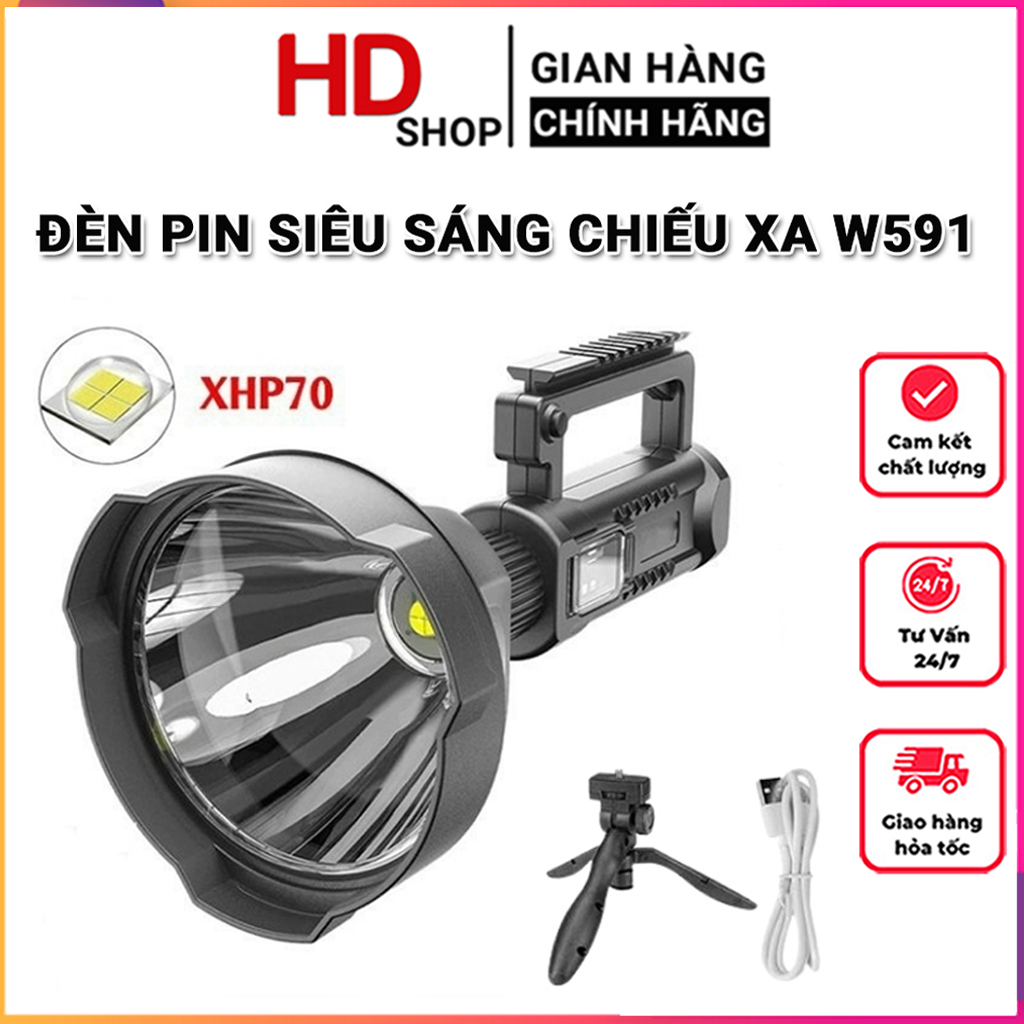 Đèn pin siêu sáng, Đèn pin cầm tay W591 chiếu xa 1000m có chân đế, sạc pin lithium 8000mAh, đèn pin cắm trại, tuần tra công trường - Bảo hành 12 tháng