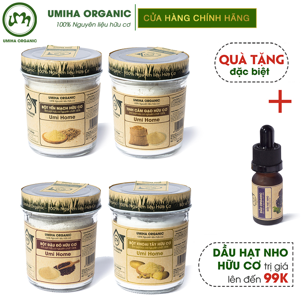 Combo 4 Bột Tẩy Da Chết Dưỡng Da Hữu Cơ gồm Bột Cám Gạo, Đậu Đỏ, Yến Mạch, Khoai Tây 135g UMIHOME. Tặng Dầu Hạt Nho 10ml dưỡng da chuyên sâu