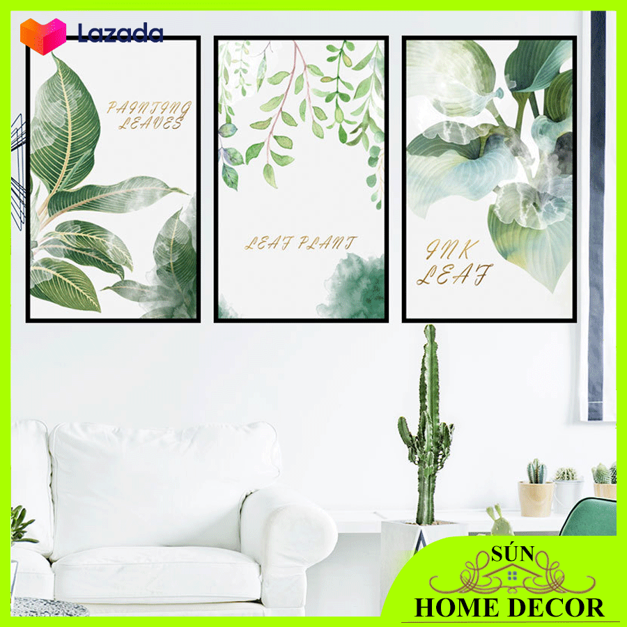 Bộ 3 tranh dán tường mẫu lá cây xanh, decal dán tường trang trí phòng khách phòng ngủ,...