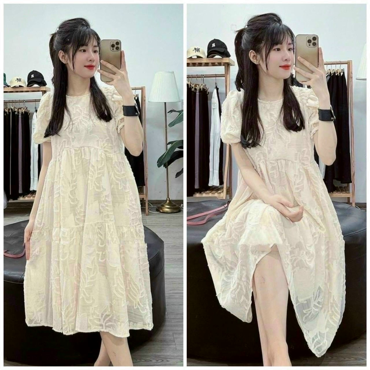 Đầm babydoll đầm bầu váy bầu hoạ tiết hoa chìm tay bồng v004