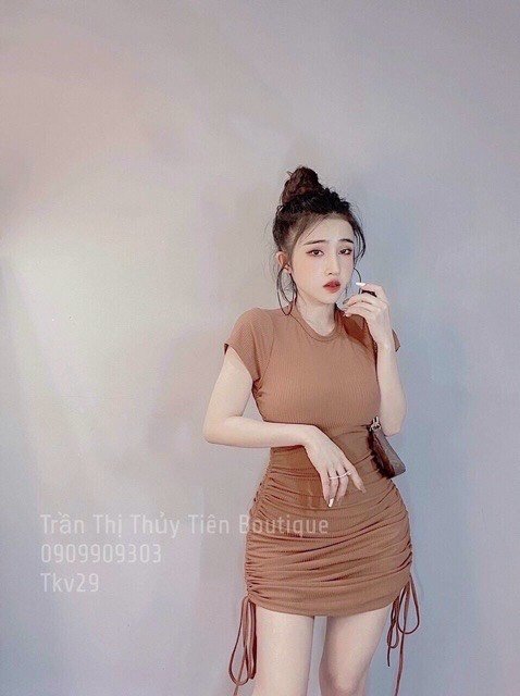(hàng cao cấp) Vay body cộc tay cổ tròn dây rút 2 bên sườn co giãn sang chảnh