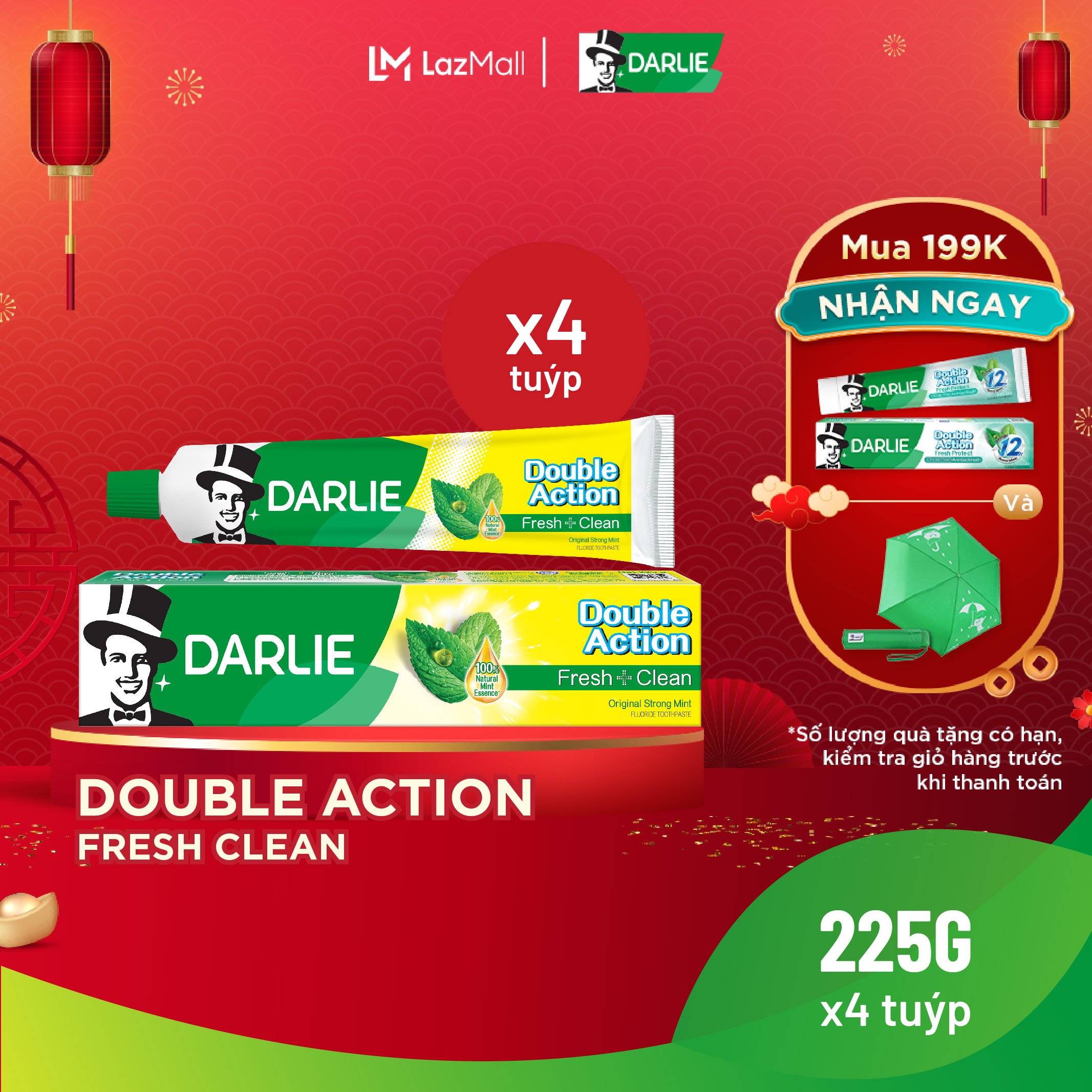Bộ 4 Kem Đánh Răng Darlie Double Action Fresh Clean 225g