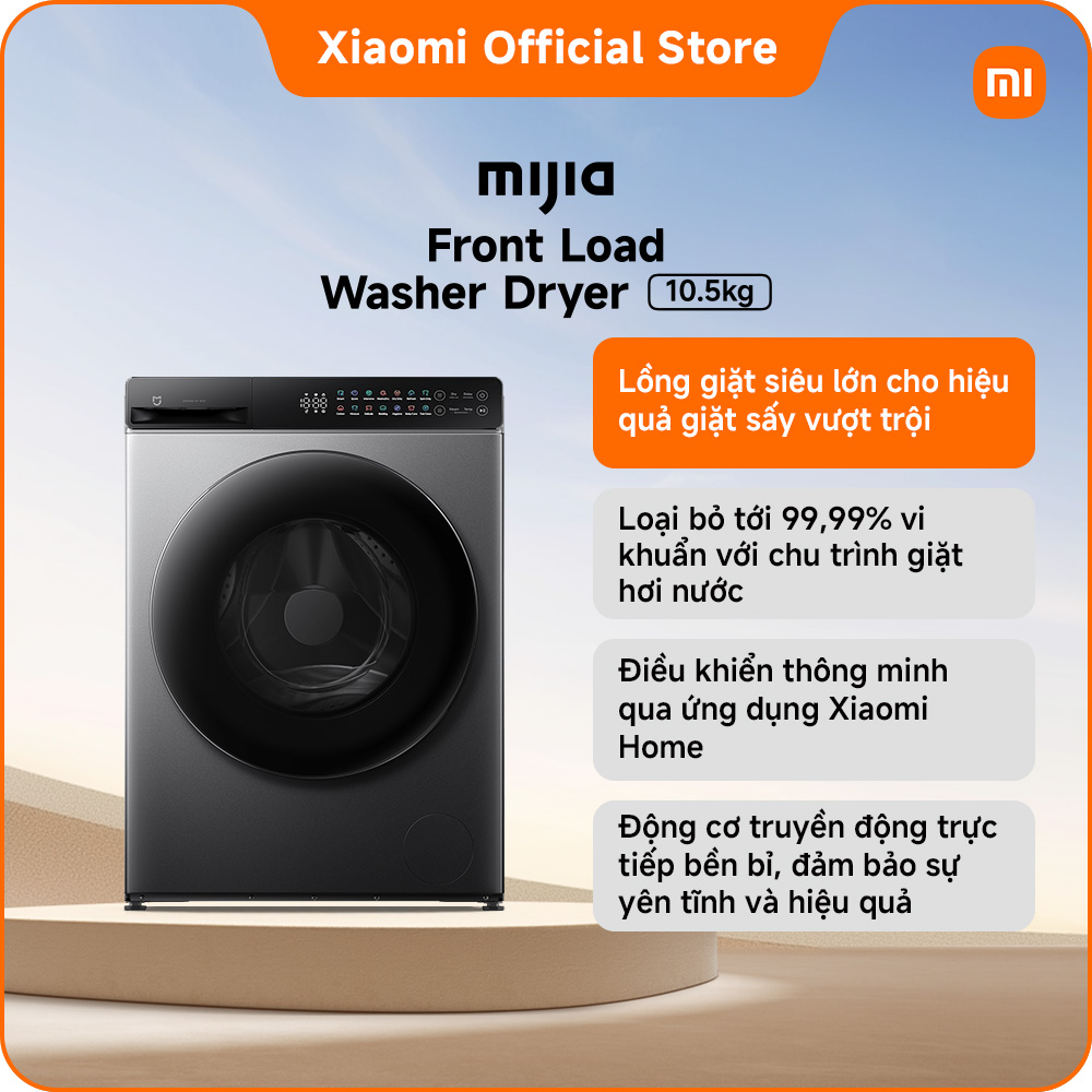 [New] Máy giặt sấy Mijia Front Load Washer Dryer 10.5kg | Lồng giặt siêu lớn cho hiệu quả giặt sấy vượt trội | Loại bỏ tới 99,99% vi khuẩn với chu trình giặt hơi nước | Điều khiển thông minh qua ứng dụng Xiaomi Home