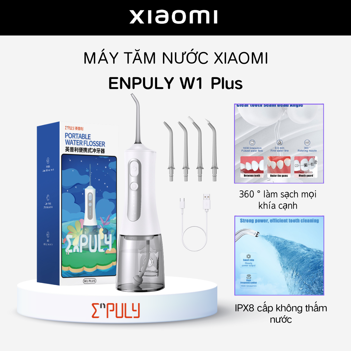 Máy tăm nước Xiaomi Enpuly W1 Plus 270ML, 5 cấp độ, tặng kèm 4 đầu phun - Mi Fans