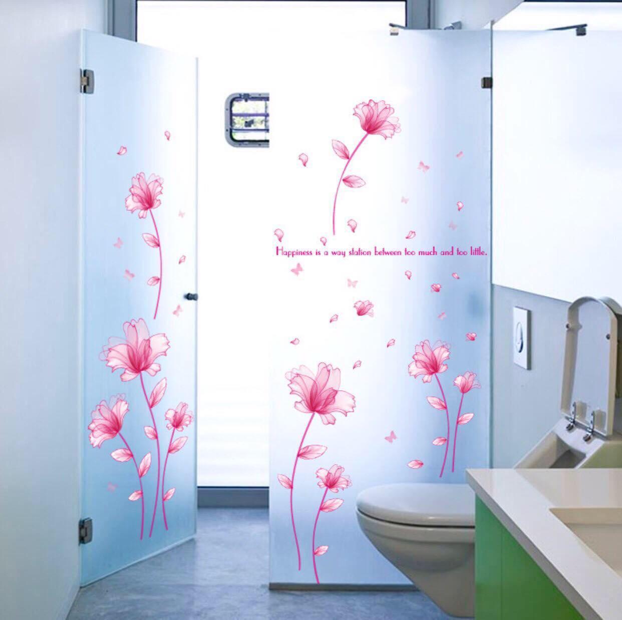 Decal dán tường mẫu hoa pha lê hồng cánh mổng
