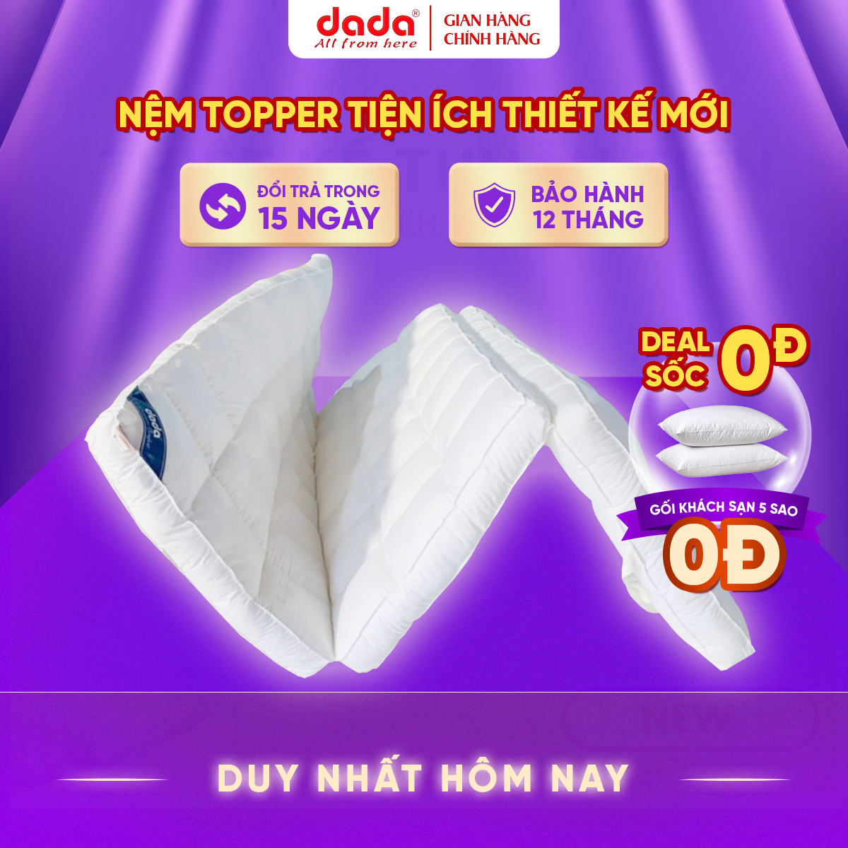 Nệm Topper Thế Hệ Mới DADA - 3 Gấp Tiện Ích Êm Mềm Bồng Bềnh Thoáng Mát - Dày 9cm - Màu Trắng [Trả góp 0%]