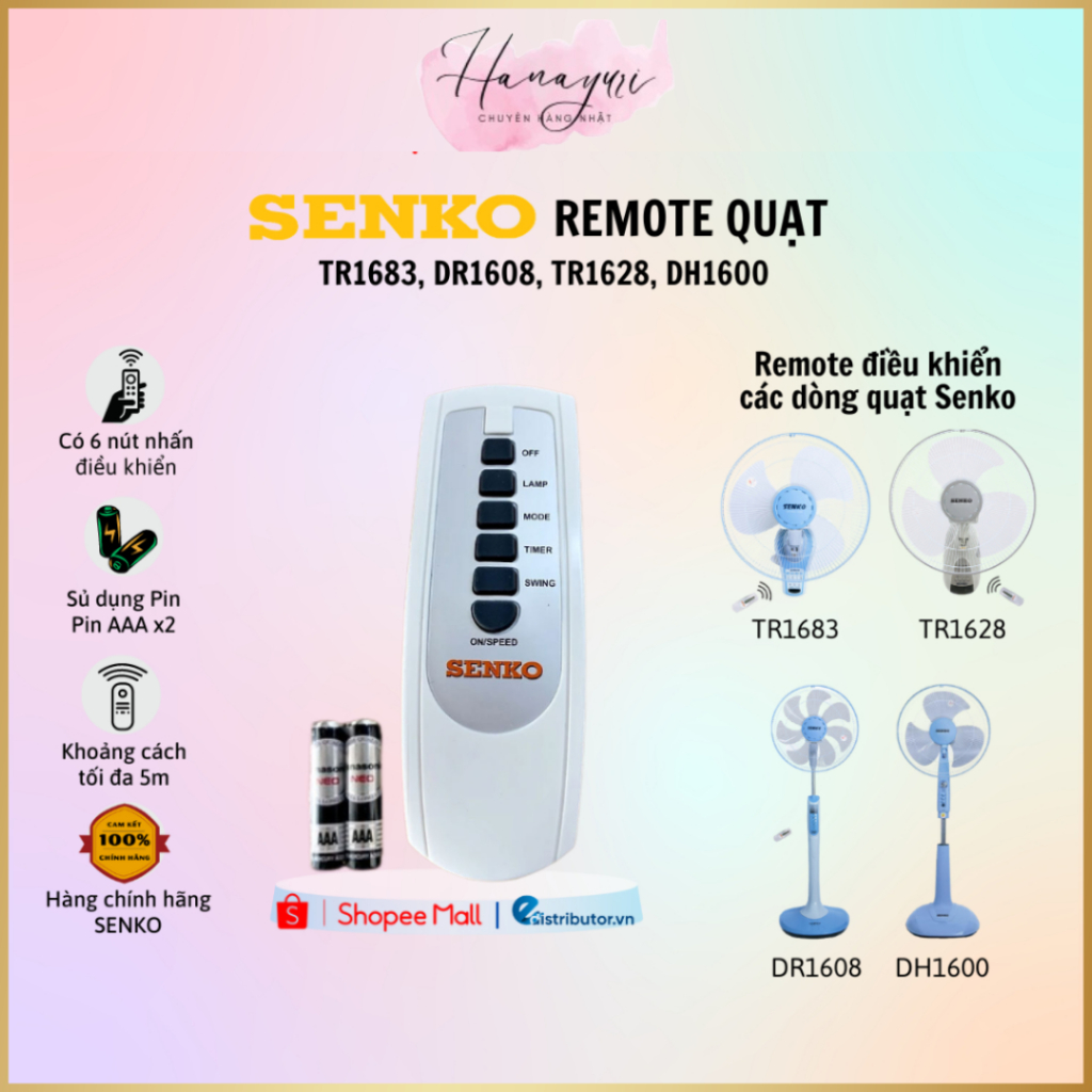 Remote điều khiển quạt senko mã tr1683, dr1608, tr1628, dh1600 - hàng chính hãng