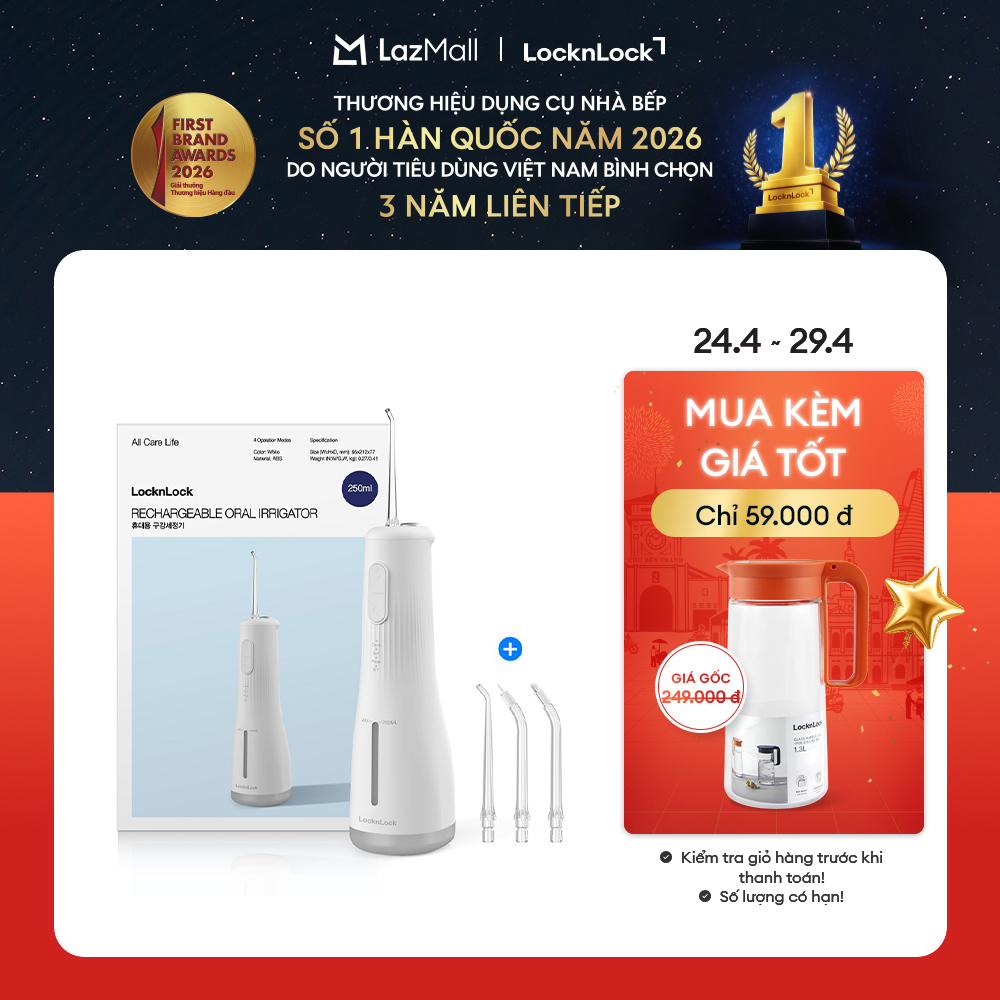 Máy tăm nước LockLock Potable Oral Irrigator ENR154WHT - Công suất 8W - Dung tích bình chứa 250ml - Màu trắng