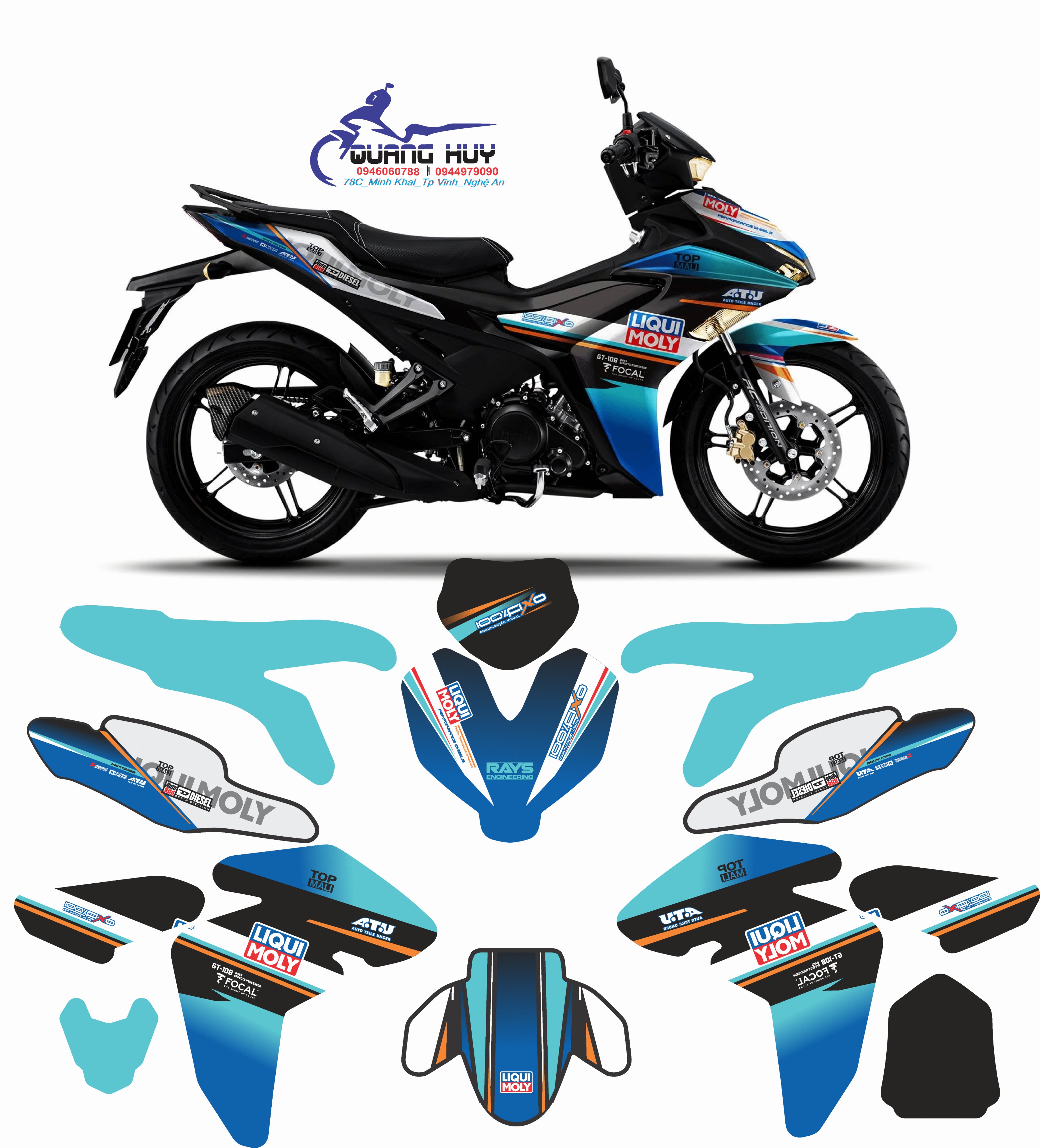 Tem trùm xe exciter 155 LIQUI XANH đẹp - Tem dán xe máy exciter 155 LIQUI XANH thiết kế theo yêu cầu - tem trùm exciter 155 độ chế đẹp và rẻ chất