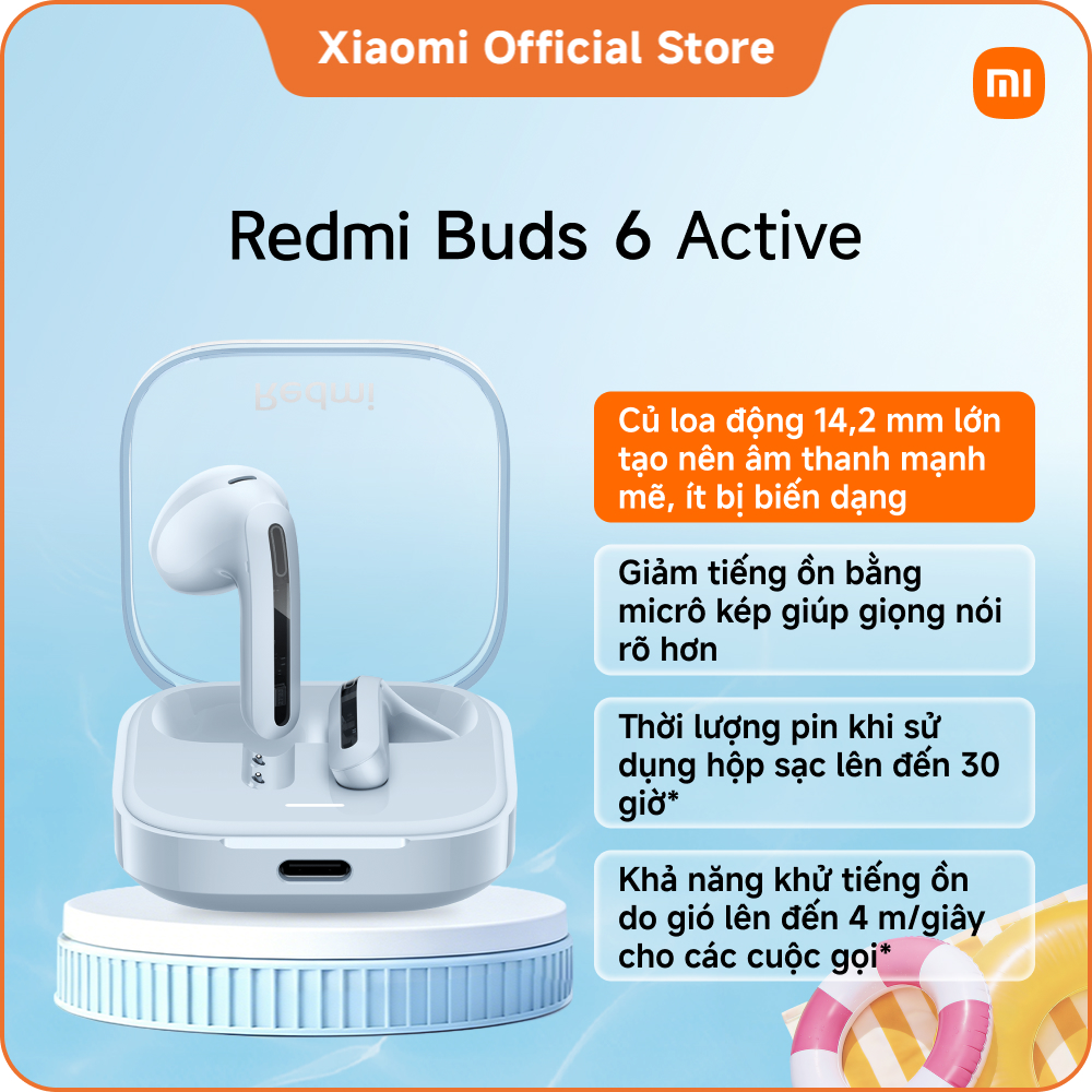 Tai nghe Bluetooth REDMI Buds 6 Active | Củ loa động 14,2 mm lớn tạo nên âm thanh mạnh mẽ, ít bị biến dạng | Giảm tiếng ồn bằng micrô kép giúp giọng nói rõ hơn | Thời lượng pin khi sử dụng hộp sạc lên đến 30 giờ*