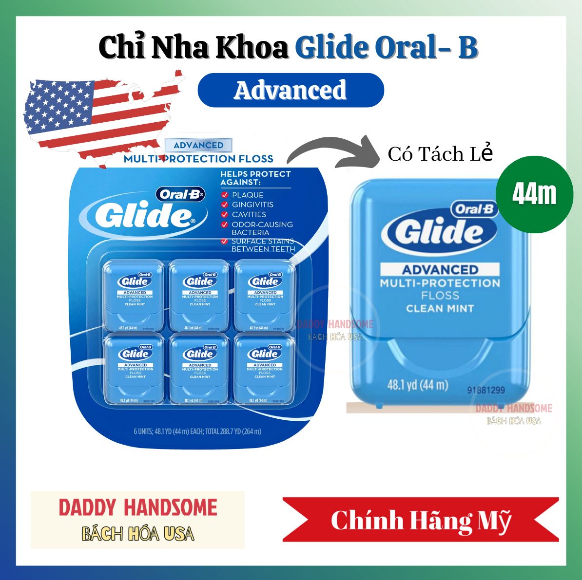Chỉ nha khoa oral b glide advanced multi protection floss bạc hà 44m - chính hãng mỹ