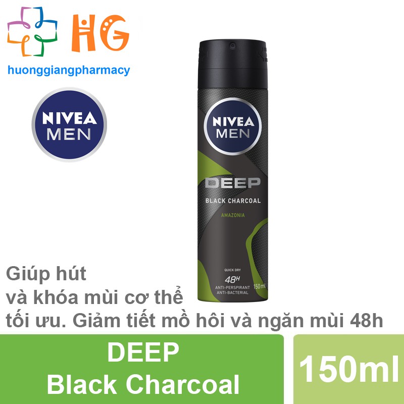 Xịt ngăn mùi NIVEA MEN Deep - Than đen hoạt tính, hương rừng Amazonia (Chai 150ml)