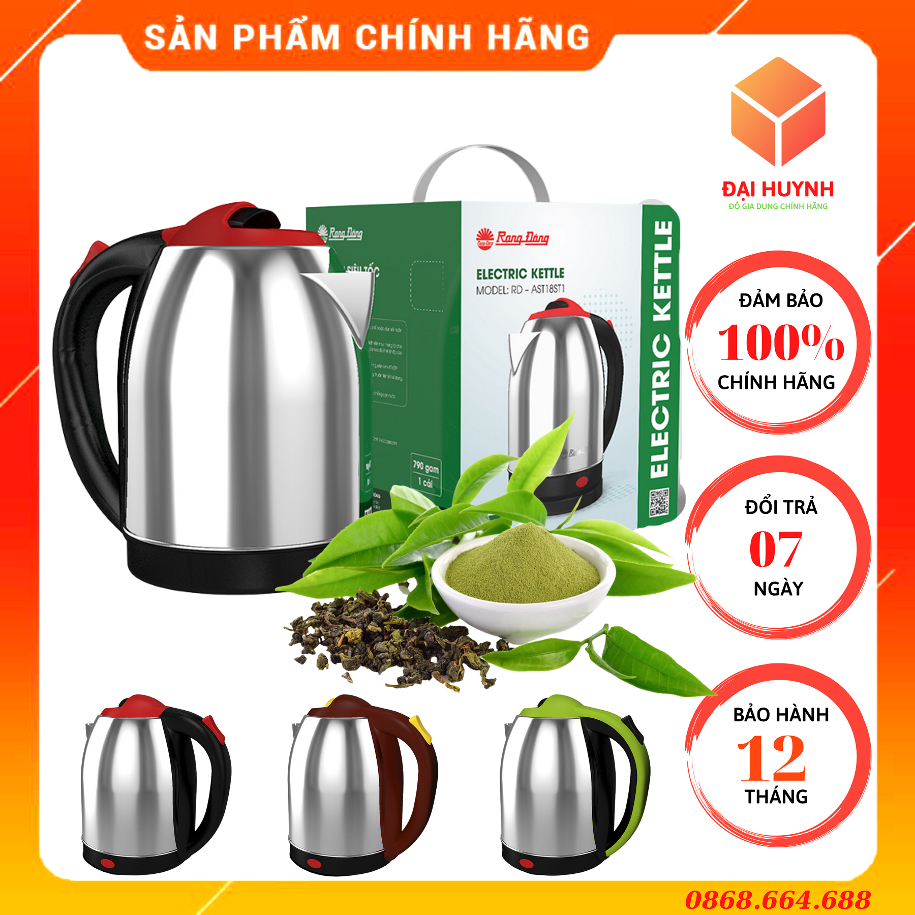 Ấm Đun Nước, Ấm Siêu Tốc INOX 304 Cao Cấp, Chính Hãng 1800ml RD-AST18ST1 Rạng Đông