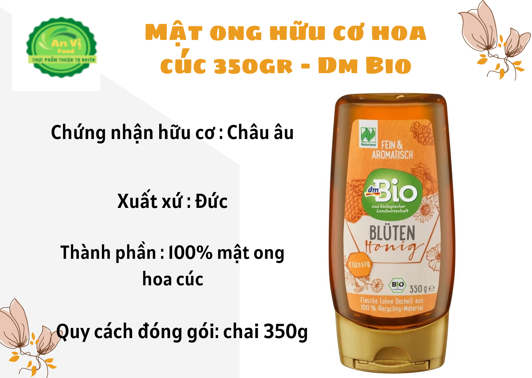 Mật ong hữu cơ hoa cúc 350gr - dm bio