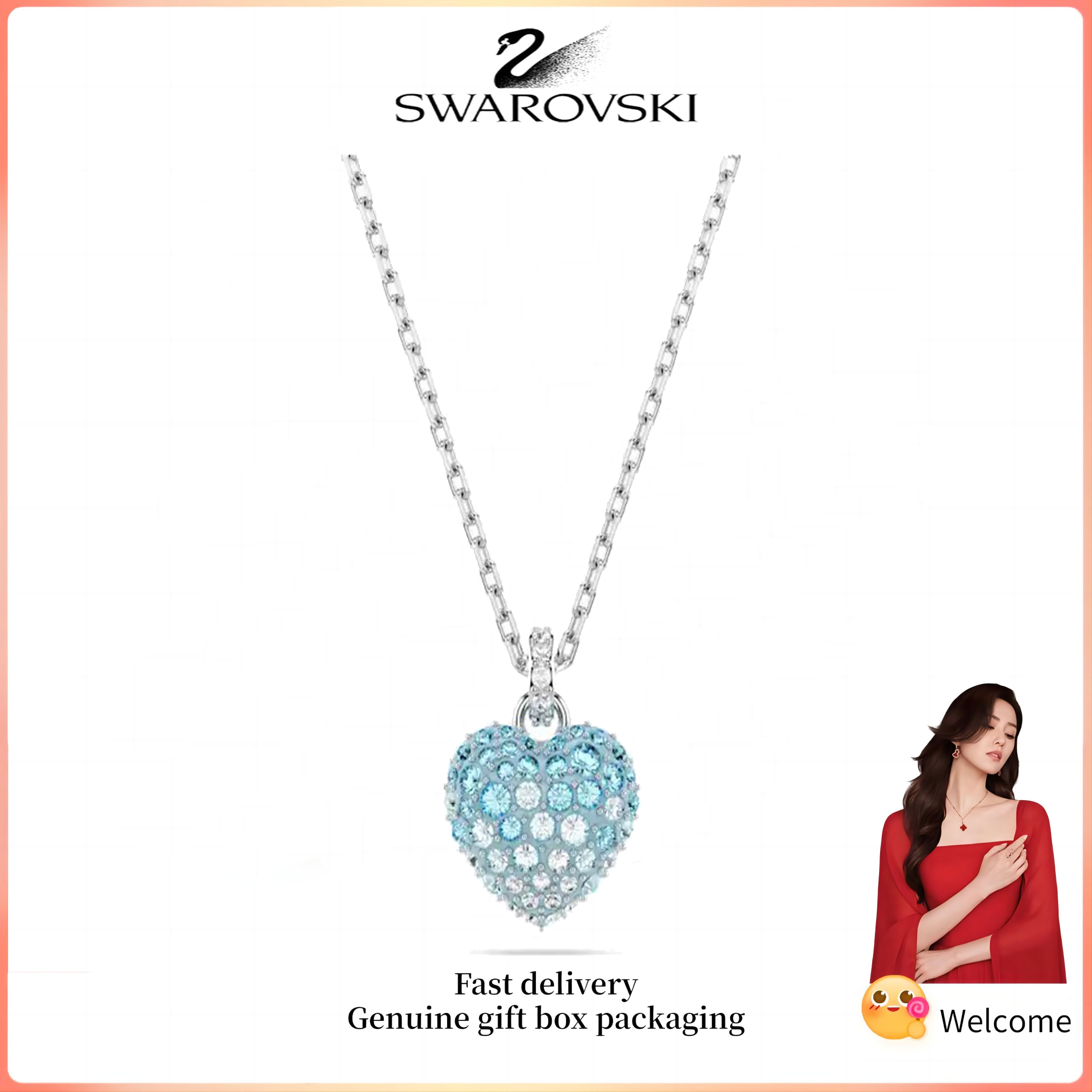 ♈ Swarovski ♈ Vòng cổ thời trang nữ Mặt dây chuyền Idyllia hình trái tim bằng bạc nguyên chất S925, đá quý pha lê xanh Quà tặng Valentine Quà sinh nhật