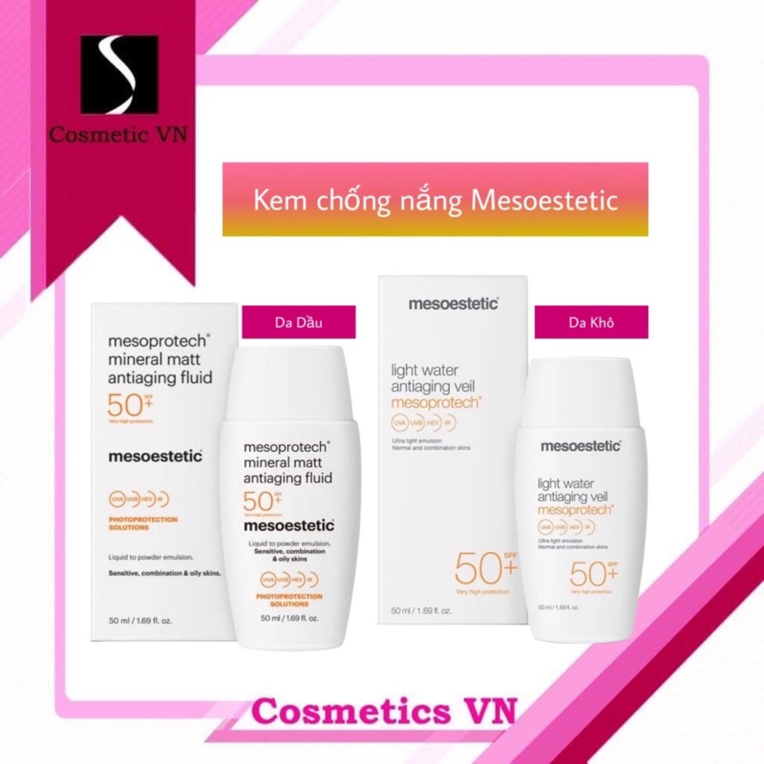 Kem chống nắng Mesoestetic Light Water Antiaging Veil và Mineral Matt Antiaging Fluid Mesoprotech SPF50+/KCN Meso