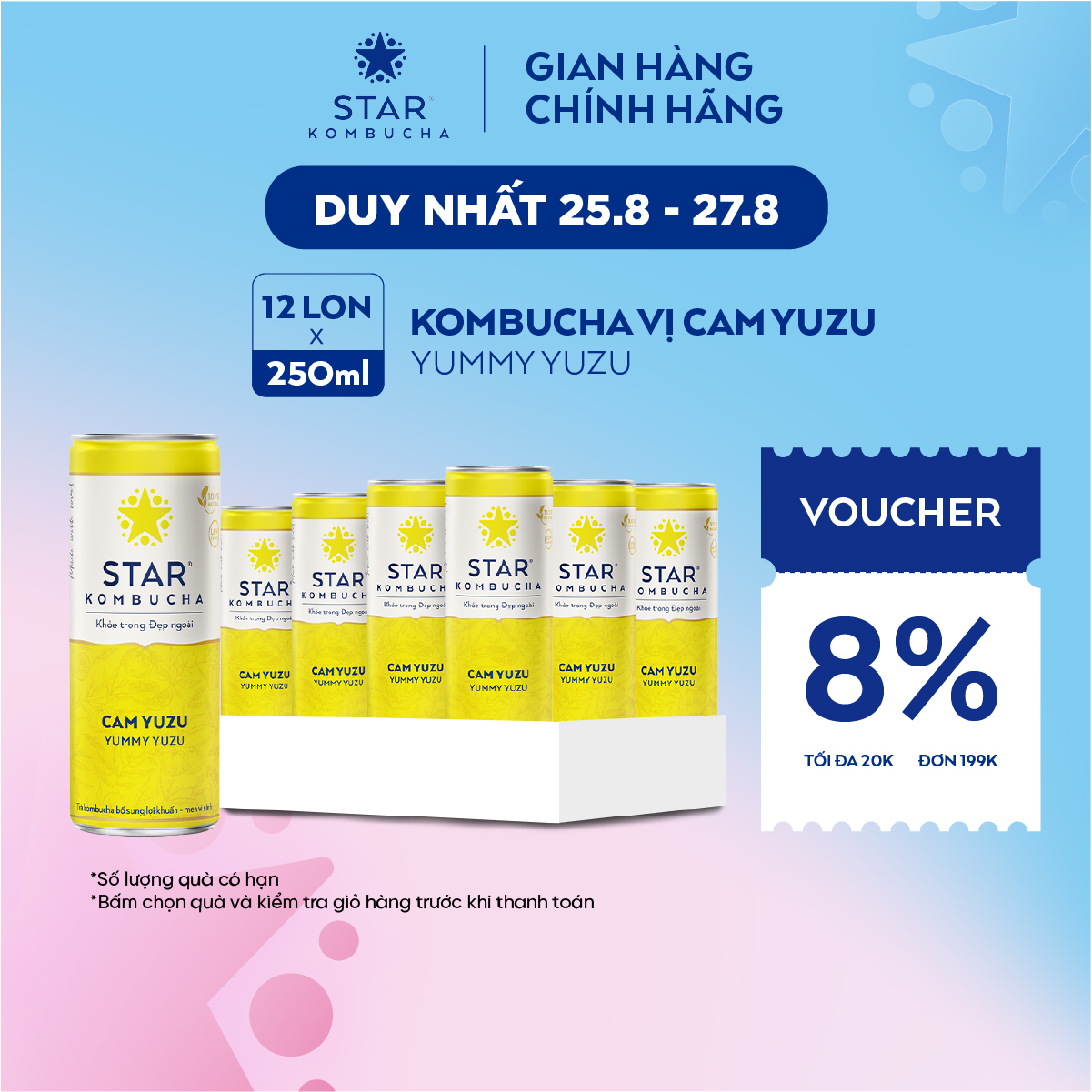 Thùng 12 lon Star Kombucha vị Cam Yuzu/Yummy Yuzu - Trà lên men vi sinh chứa probiotics bảo vệ sức khoẻ