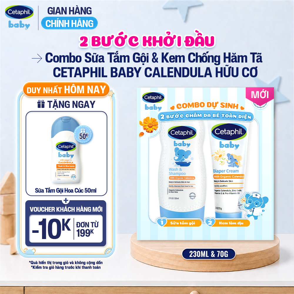 [COMBO DỰ SINH] Combo Sữa tắm dưỡng ẩm dịu lành cho bé với Calendula hoa cúc hữu cơ CETAPHIL BABY WSHAMPOO CALENDULA 230ML  Kem chống hăm tã dịu lành CETAPHIL BABY DIAPER CREAM CALENDULA 70G