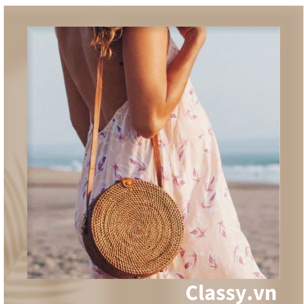Classy Túi mây tre đan Việt Nam đi biển hình tròn bằng mây tre đan cao cấp, kiểu dáng Vintage T330