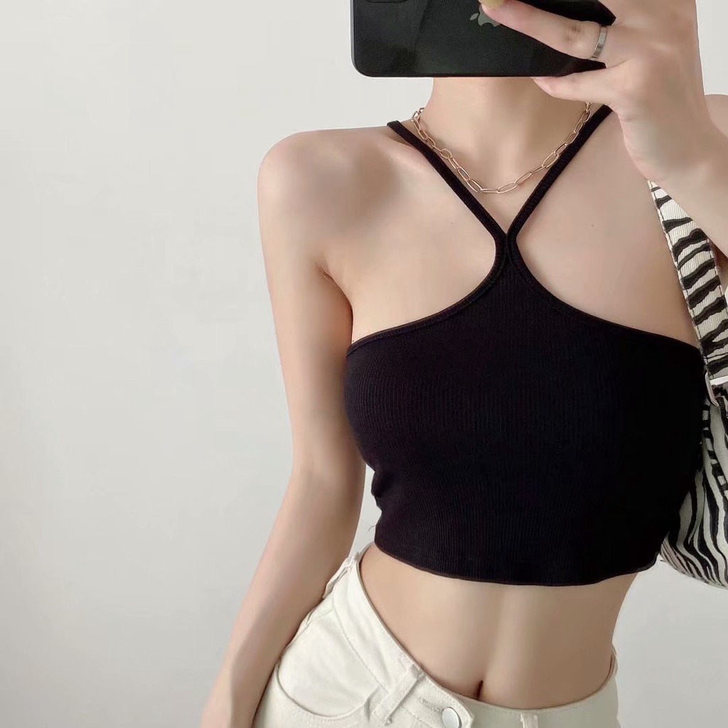 Áo 2 Dây Nữ Kiểu Yếm Chéo Dây Mảnh Dáng Croptop Chất Thun Tăm Siêu Hot GIISEL A07