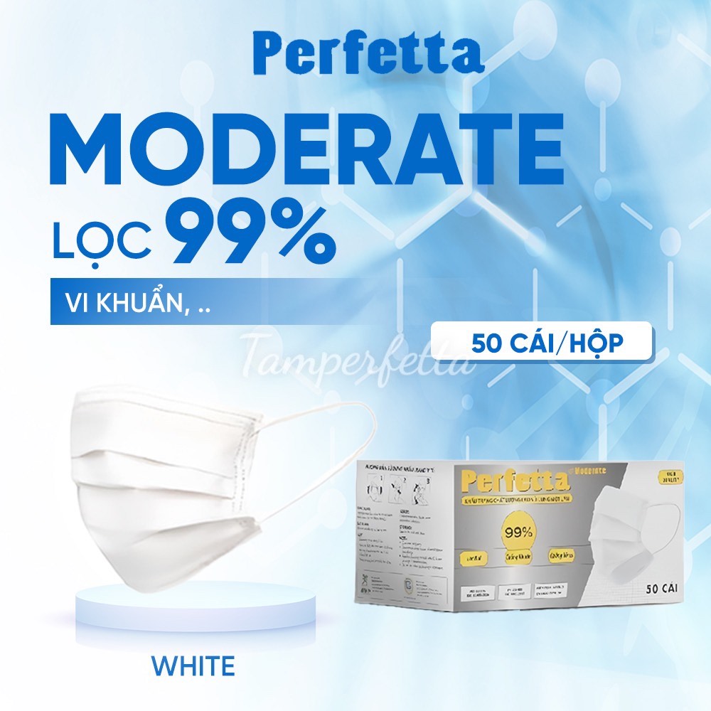 (HCM)Khẩu Trang Y Tế Cao Cấp Perfetta Moderate 3 Lớp Lọc Bụi,Kháng Khuẩn (1 hộp 50 cái) (1hộp 50 cái màu trắng)