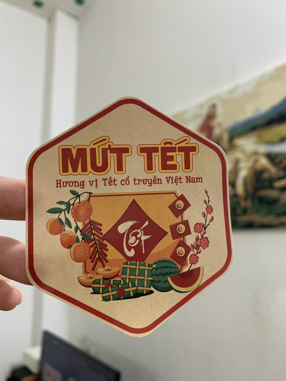 55 tem dán lục giác 7*8cm "mứt tết" - lục giác