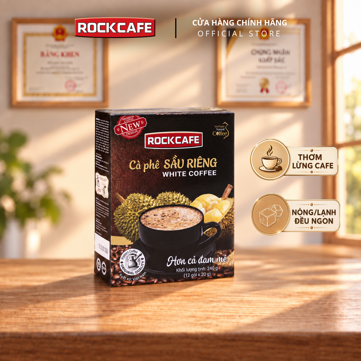 Rockcafe - cà phê hòa tan 3 trong 1 - vị sầu riêng độc đáo - thơm ngon - đậm vị - hộp 12 gói x 20gr