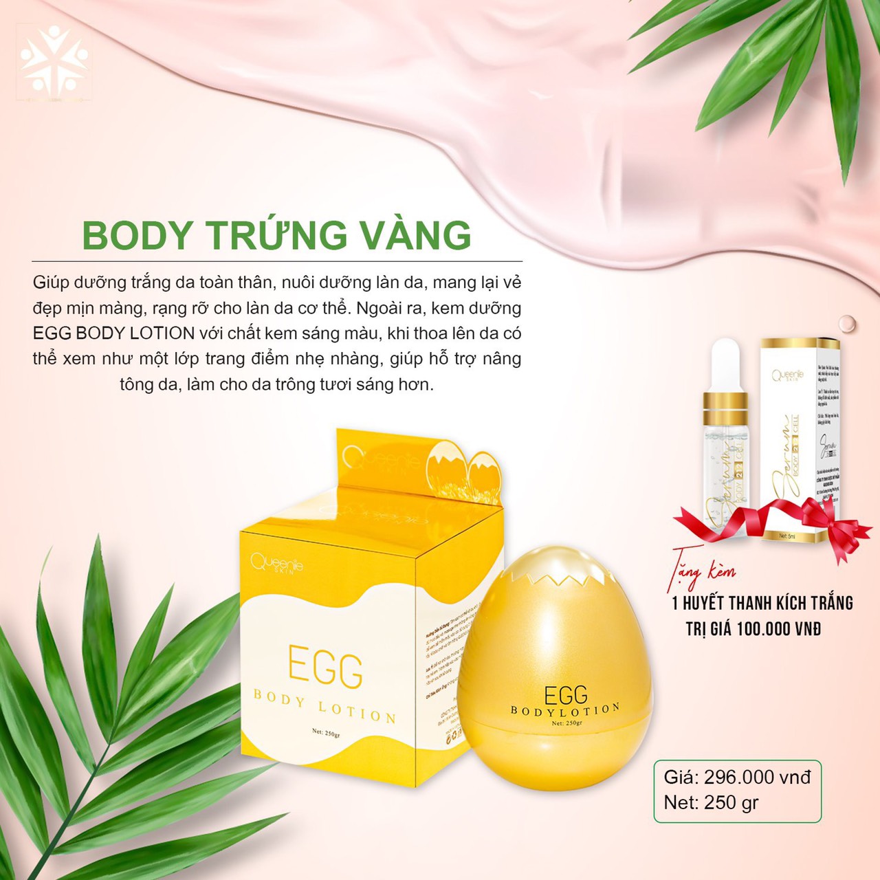 Kem Dưỡng Trắng Da Body Queenie Skin Trứng Vàng giúp dưỡng trằng bảo vệ da suốt 6h - đều màu da -phục hồi da cháy nắng - làm lớp makeup che khuyết điểm Queenie Skin Egg Body Lotion 250gr