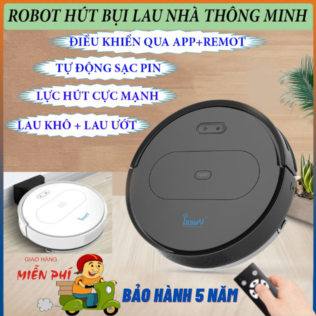 Rô bốt hút bụi lau nhà, robot hút bụi lau nhà tự động siêu thông minh bowai ob11 có app, tự động sạc pin làm sạch bụi bẩn - bảo hành 5 năm