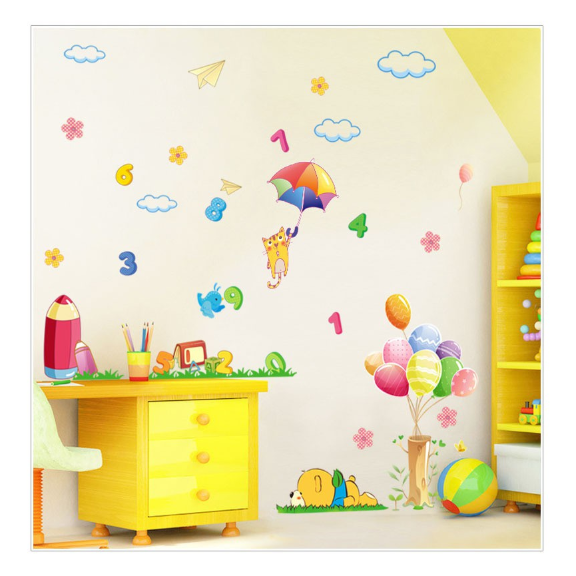 Decal dán tường trang trí trẻ em: Bé học số đếm hình bóng bay TL138