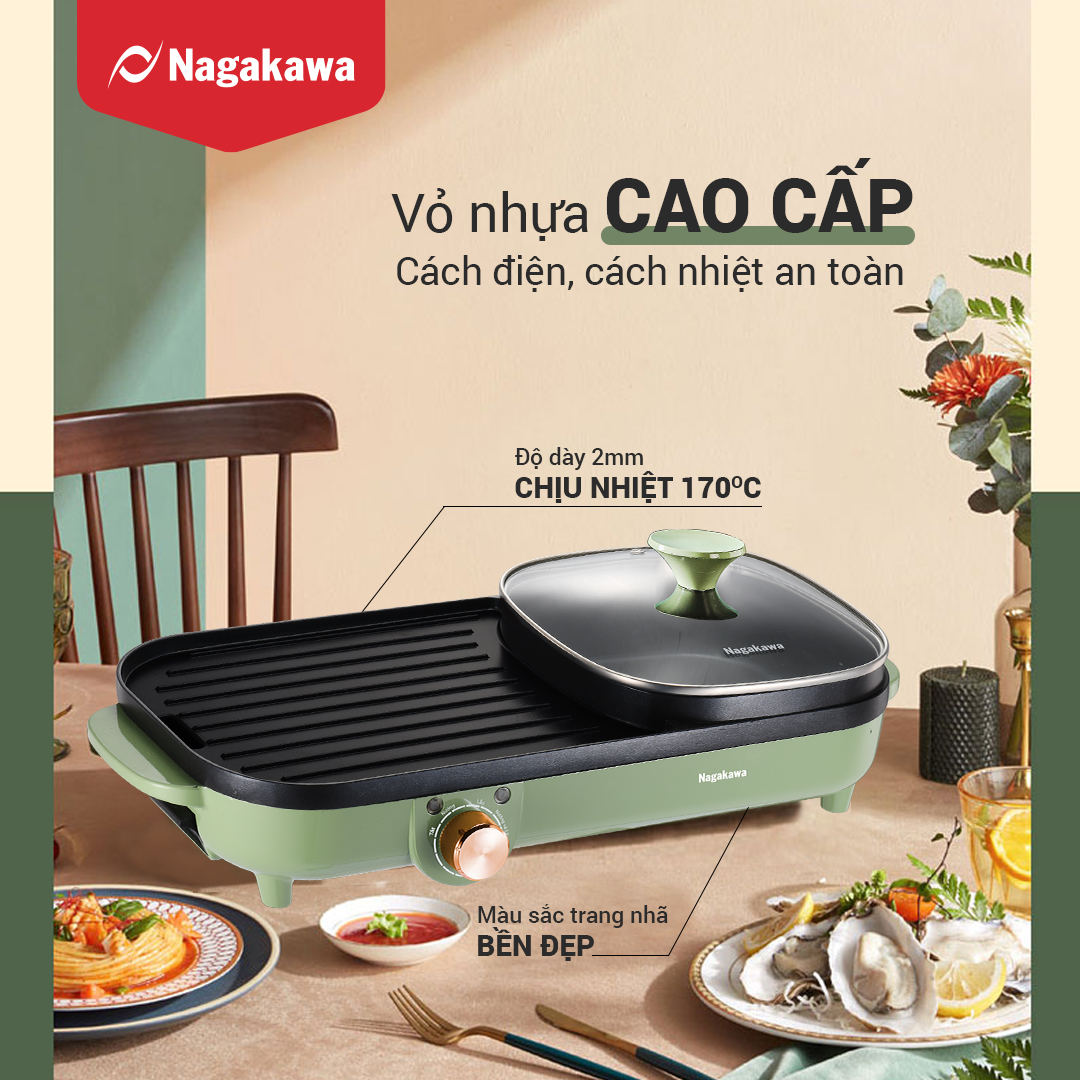 Bếp lẩu nướng điện nagakawa nag 3104 2 trong 1 tiện lợi với công xuất vượt trội so với các loại bếp thông thường vừa lướng vừa lẩu ,rễ vệ sinh . với nút điều chỉnh nhiệt theo ý của bạn ( BẢO HÀNH 12 THÁNG )