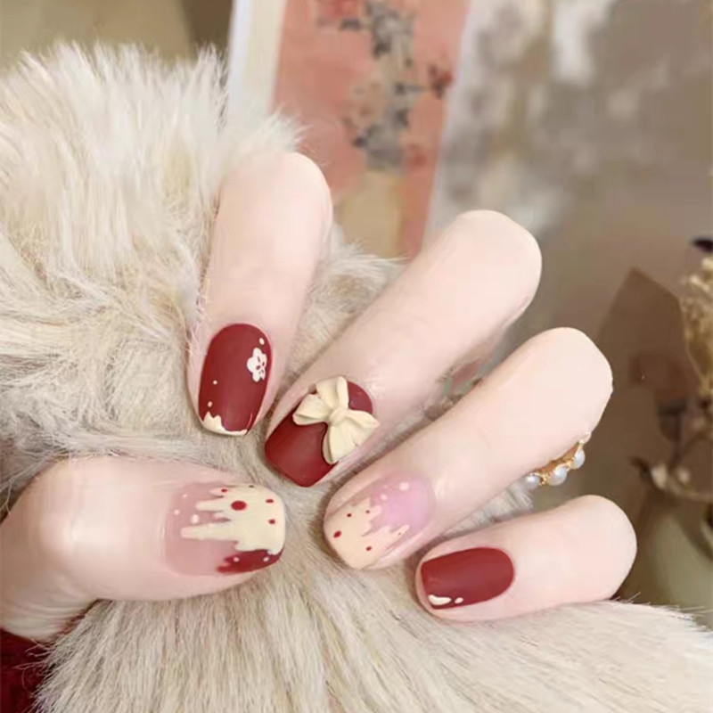 Móng tay giả ngắn LF038, Bộ móng tay giả đính nơ, set 24 móng giả màu đỏ, Nail xinh