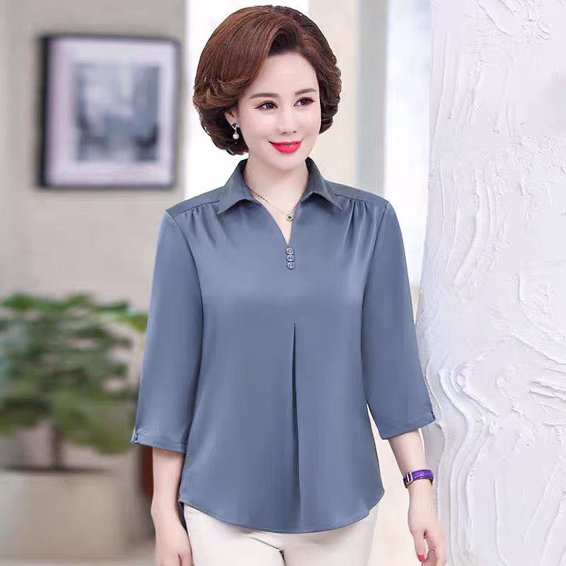 Áo sơ mi nữ trung niên form rộng , áo sơ mi trung niên , cổ bẻ , chất satin lụa mềm mại ,kiểu dáng suông sang trọng,