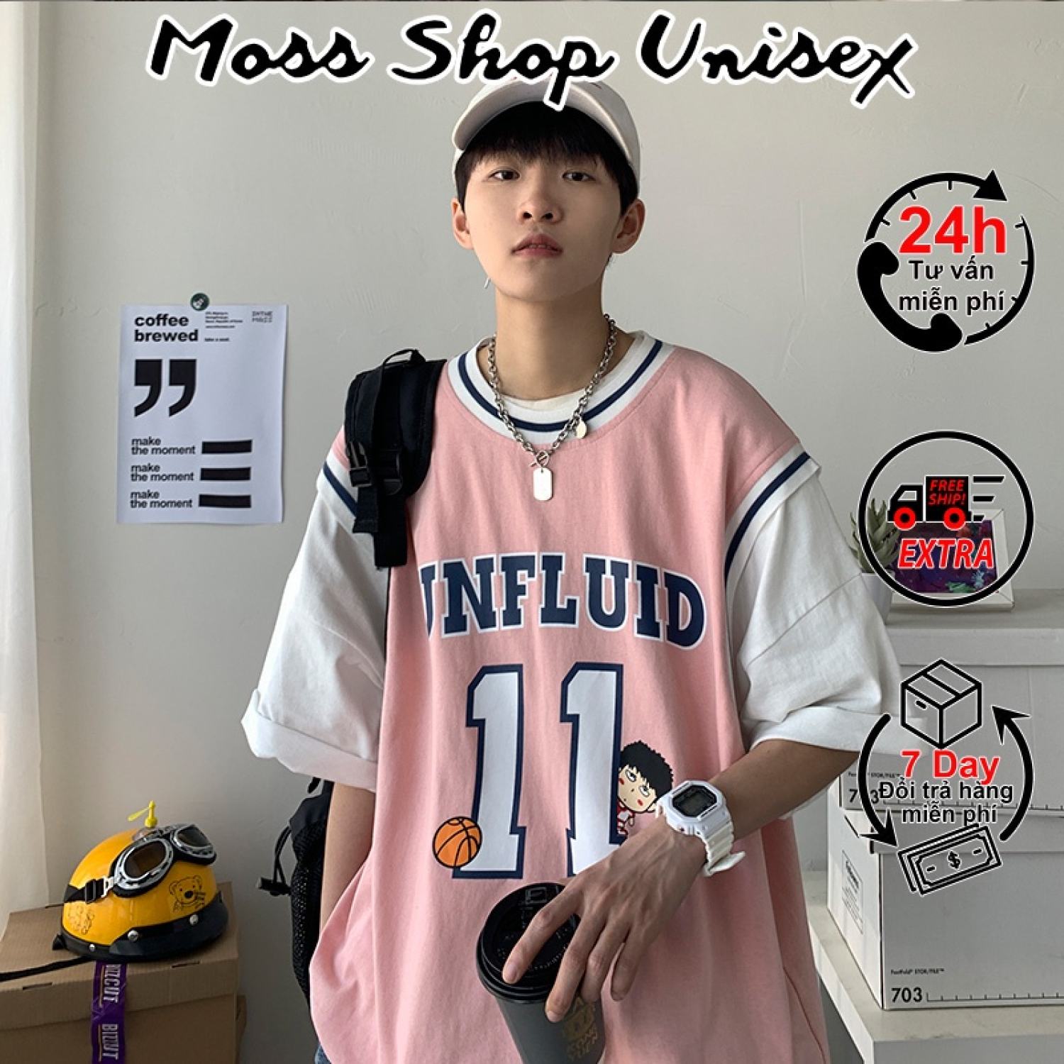 Áo thun tay lỡ unisex Số 11 phối tay MOSSSHOP - Áo phông bóng rổ nam nữ phong cách hàn quốc ulzzang form rộng 65kg