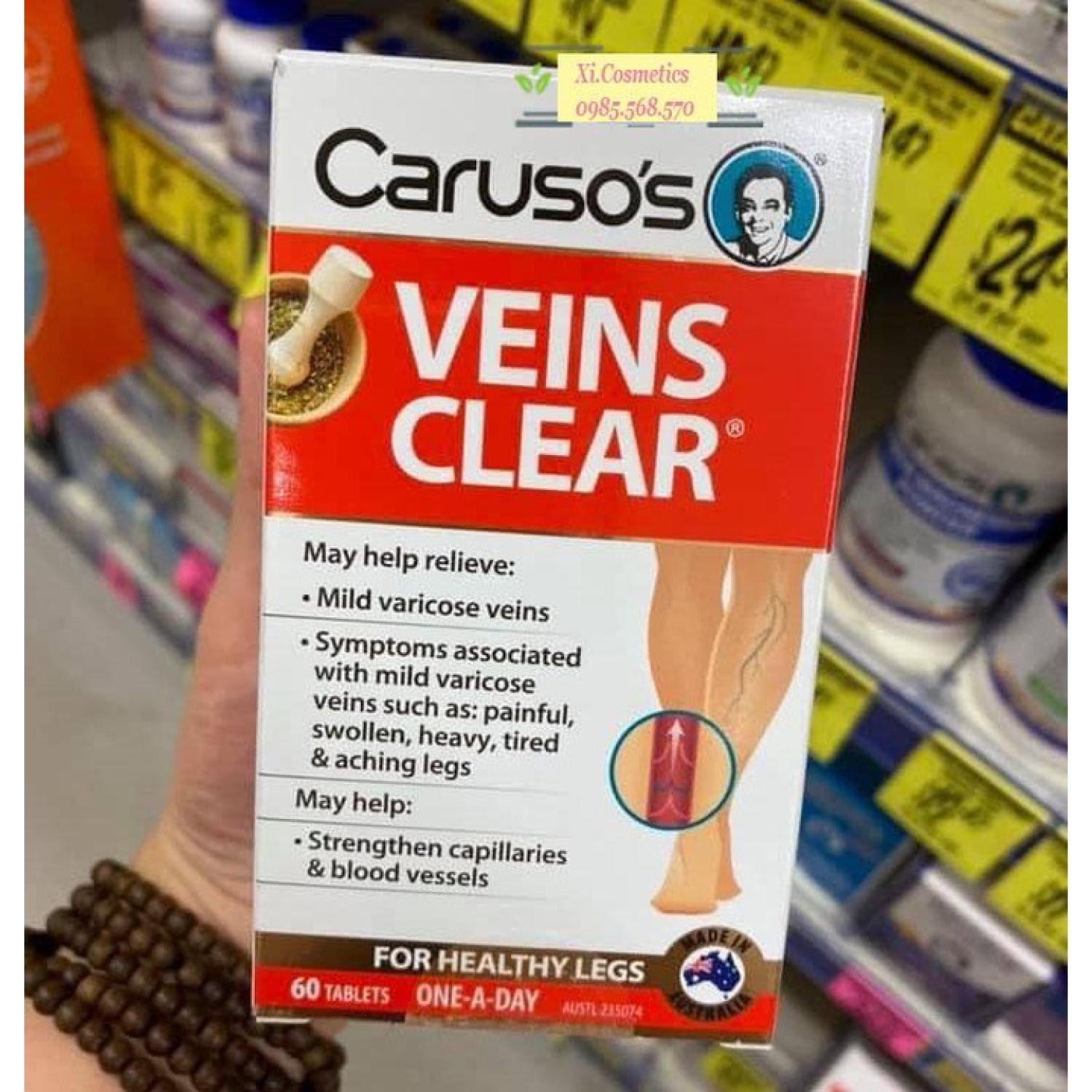 Viên uống suy giãn tĩnh mạch Carusos Veins Clear Úc, 60 viên
