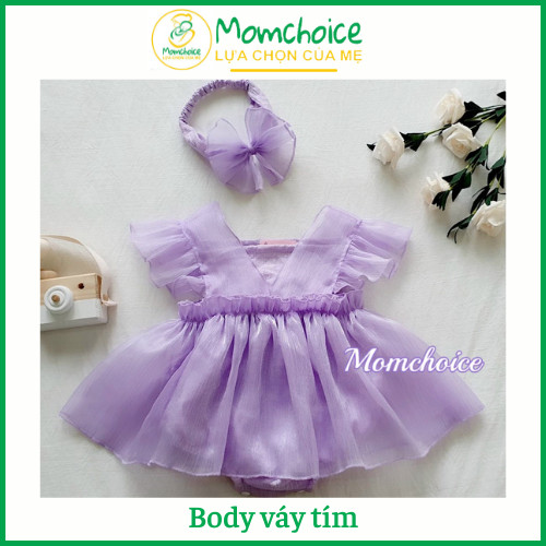 SP22 Bodysuit Cánh Tiên Cho Bé [MOMCHOICE] Bộ Body Bé Gái Màu Tím Mộng Mơ Kèm Turban Nơ ,Chất đũi xốp siêu nhẹ phối tơ Size Từ Sơ Sinh -13kg