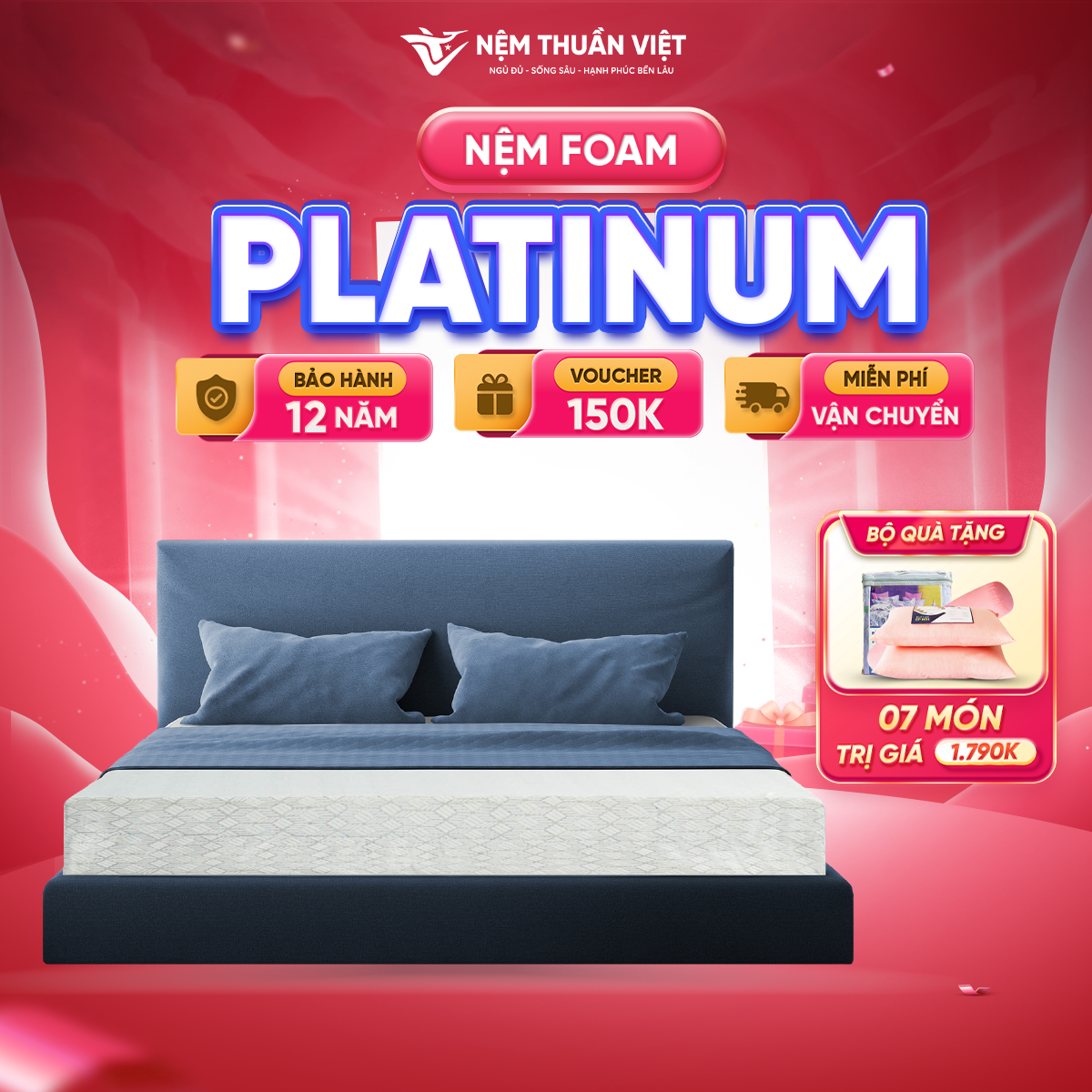[Sale Cuối Tháng - Voucher 150K, Quà tặng 7 món] Nệ̣m Foam Platinum Thuần Việt - Êm Ái, Thoáng Mát Tối Ưu - Bảo Hành 12 Năm