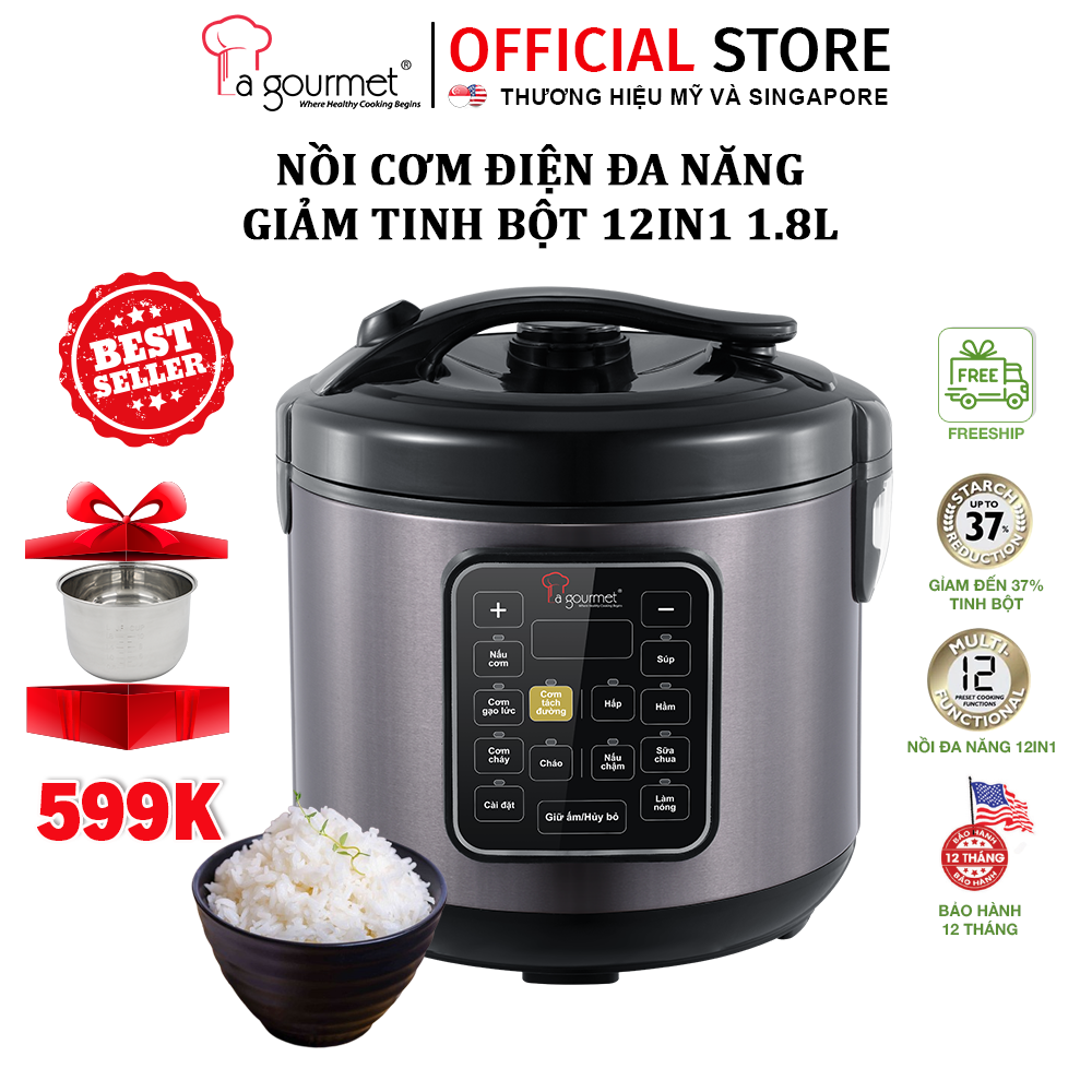 Nồi cơm điện đa năng giảm tinh bột 5L La gourmet- Hàng phân phối chính hãng- được TẶNG kèm lòng nồi inox 600K,  công suất 900w,- 12 chức năng nấu nướng-363992