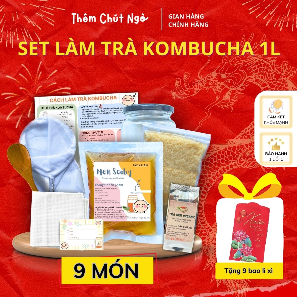 Combo Trà Kombucha 1L đầy đủ nguyên liệu nuôi Scoby làm trà Kombucha (dùng để làm 0,5 lít)