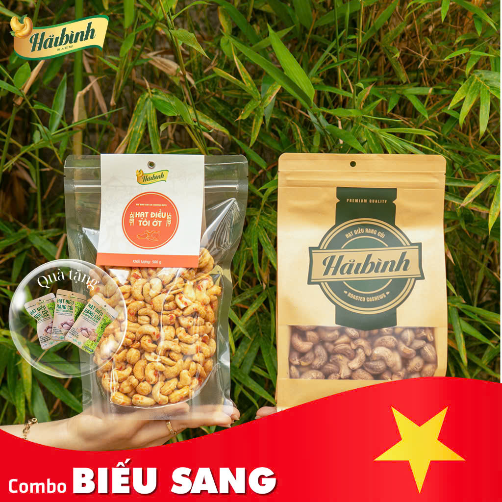 Combo Biếu Sang Hạt Điều Hải Bình Gia Lai gồm 1 Tỏi Ớt 500g + 1 Rang Củi 500g – TẶNG 3 gói rang củi 50g