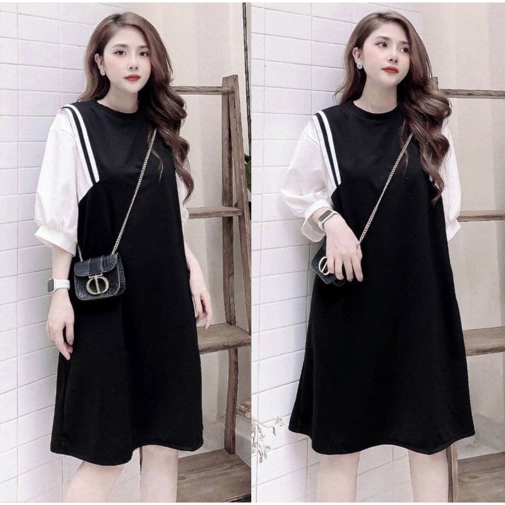 Đầm bầu thiết kế babydoll tay lỡ phối đen trắng dáng xuông thể thao