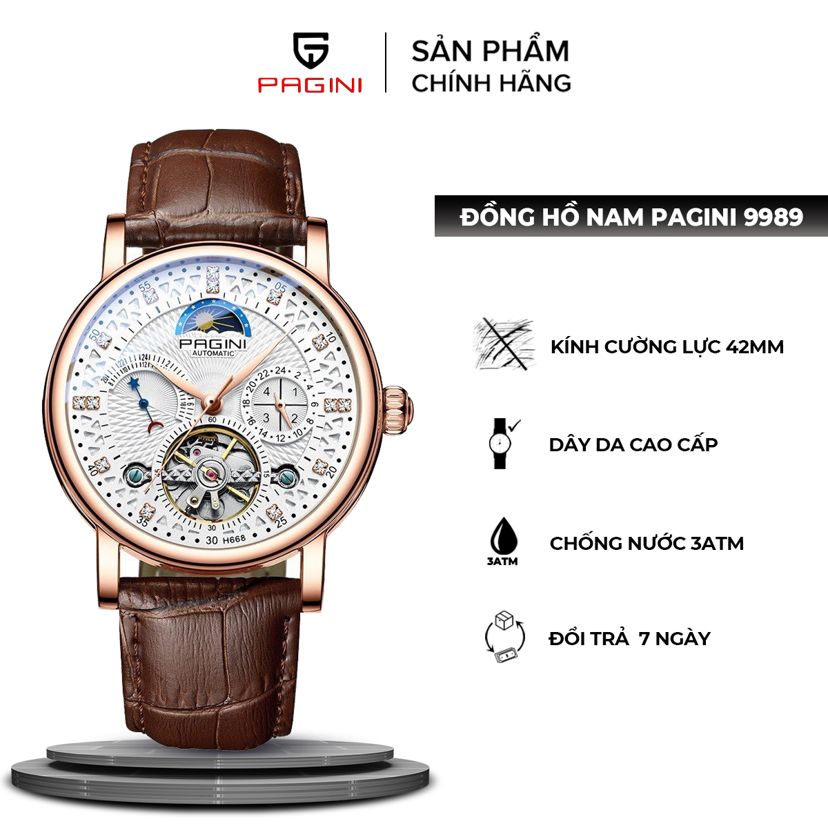 Đồng hồ cơ nam pagini pa9989 chạy full kim size 42mm chống nước 3atm