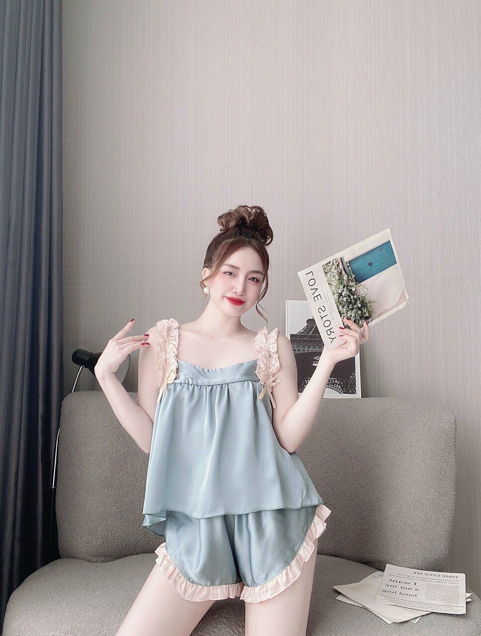 Đồ ngủ nữ, đồ bộ 2 dây tiểu thư ,đồ bộ đùi nữ chất satin mặc mát dễ chịu - slee fashion