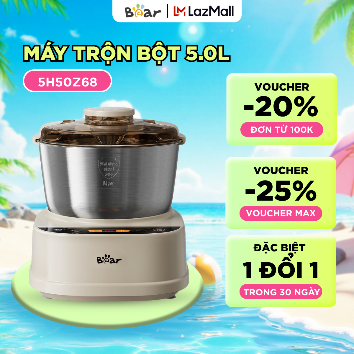 Máy Trộn Bột Bear 5L Inox 304 Ủ Bột Nhào Bột Nhồi Bột Công Suất Lớn Chống Dính Trộn Bột Làm Bánh SM-5H50Z68