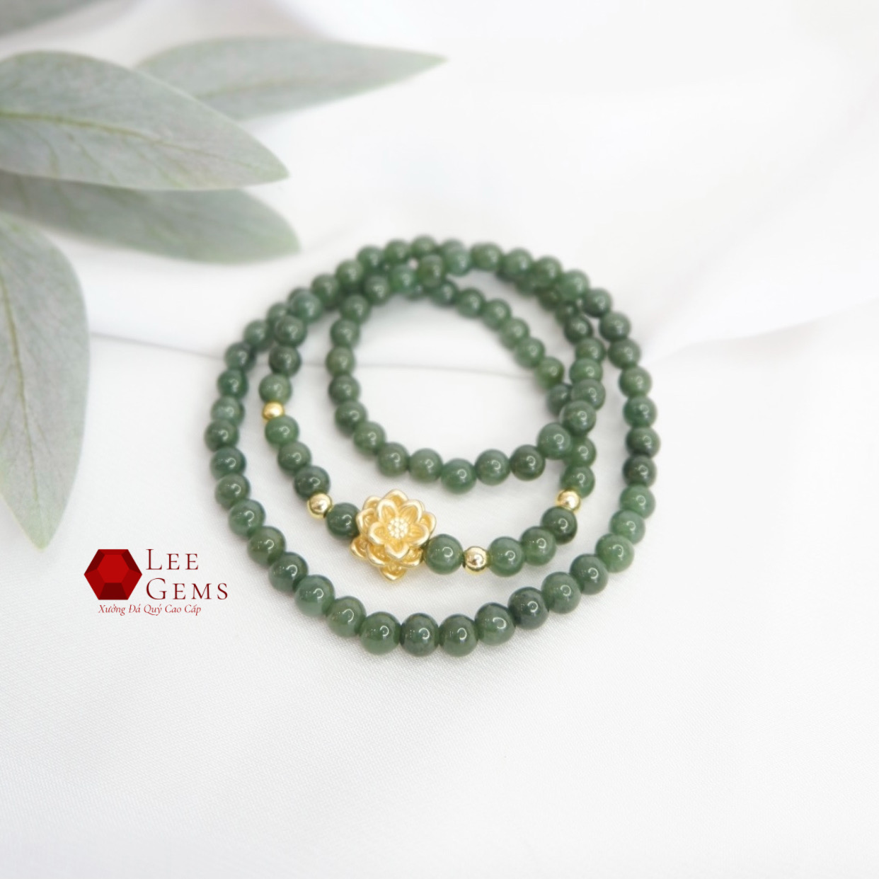 Chuỗi Vòng tay Ngọc Cẩm Thạch Jadeite Xanh Đậm Mix Charm Sen Vàng 18k Cực sang