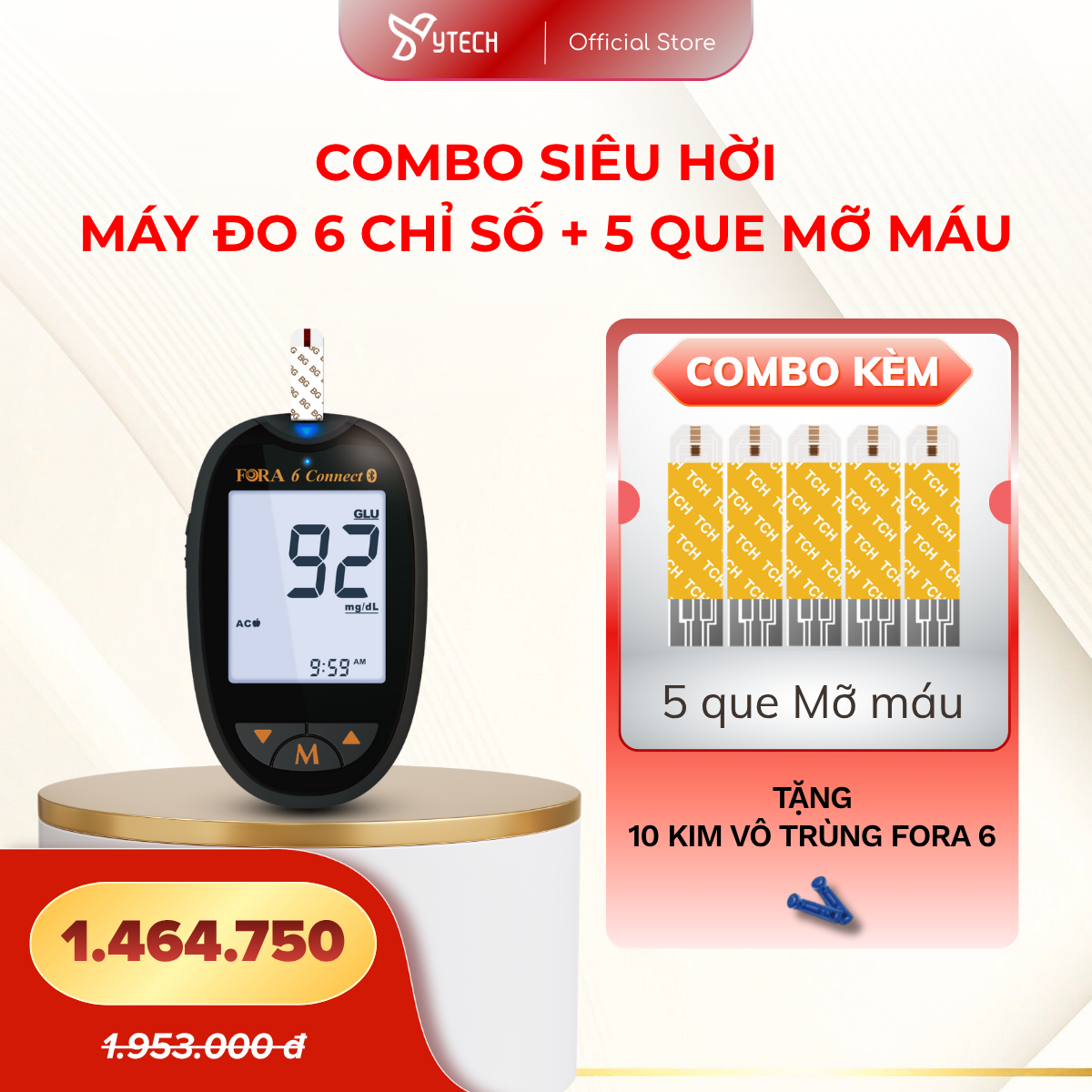 [YTECH] Combo Tiết Kiệm Máy Đo Đường Huyết + 5 Que Thử Mỡ Máu Cholesterol + 10 Kim Vô Trùng